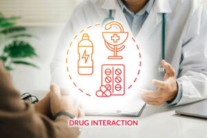Line art superimposed on a photo of a doctor talking to a patient and the words 'Drug Interaction'