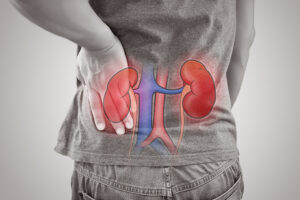 Illustration of kidneys superimposed on a man holding his lower back in pain