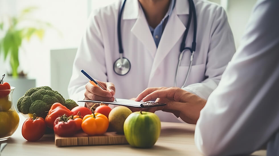 A collection of fruits and vegetables sit on a table between a physician and the patient he is consulting with.